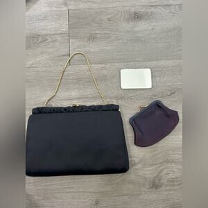 MM Satin- purse mirror coin purse- dark purple black- gold chain- ruffle-vintage